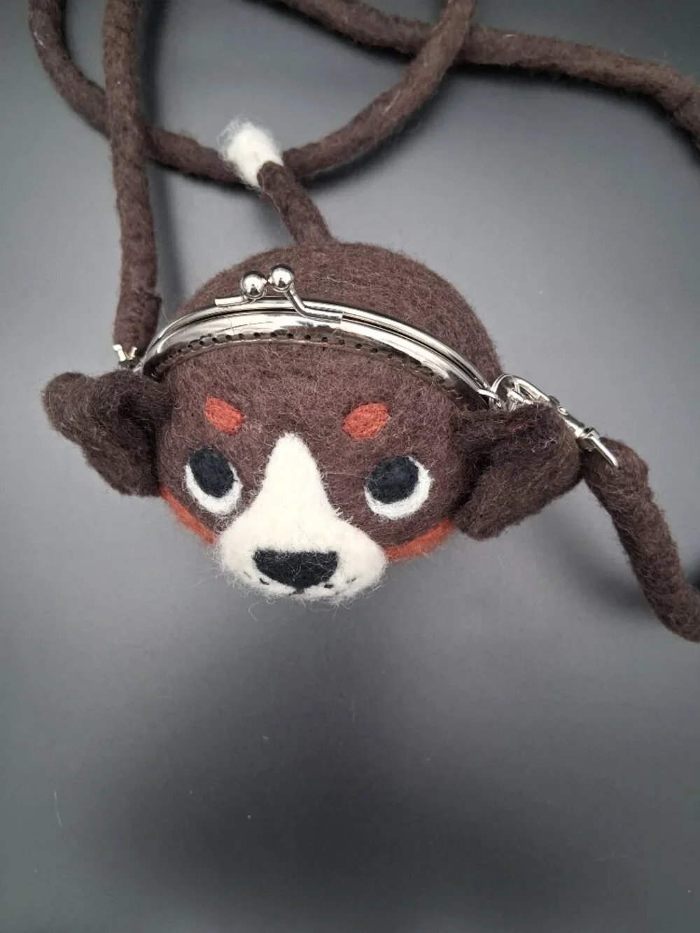 Wild Woolie Parker Pup Mini Crossbody Bag. Hand-felted wool with kiss-lock clasp